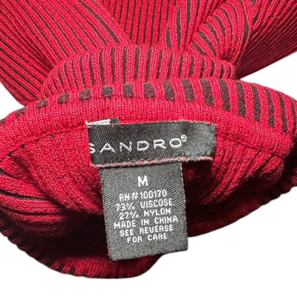 Sandro Red Black Ribbed Knit Turtleneck Sweater Medium | Luxury Fall Winter - Picture 3 of 10
